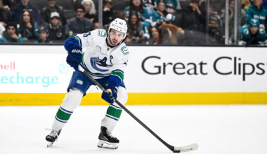 Vancouver Canucks defenseman Quinn Hughes (43) during a stop in play against the Winnipeg Jets in the second period at Rogers Arena.