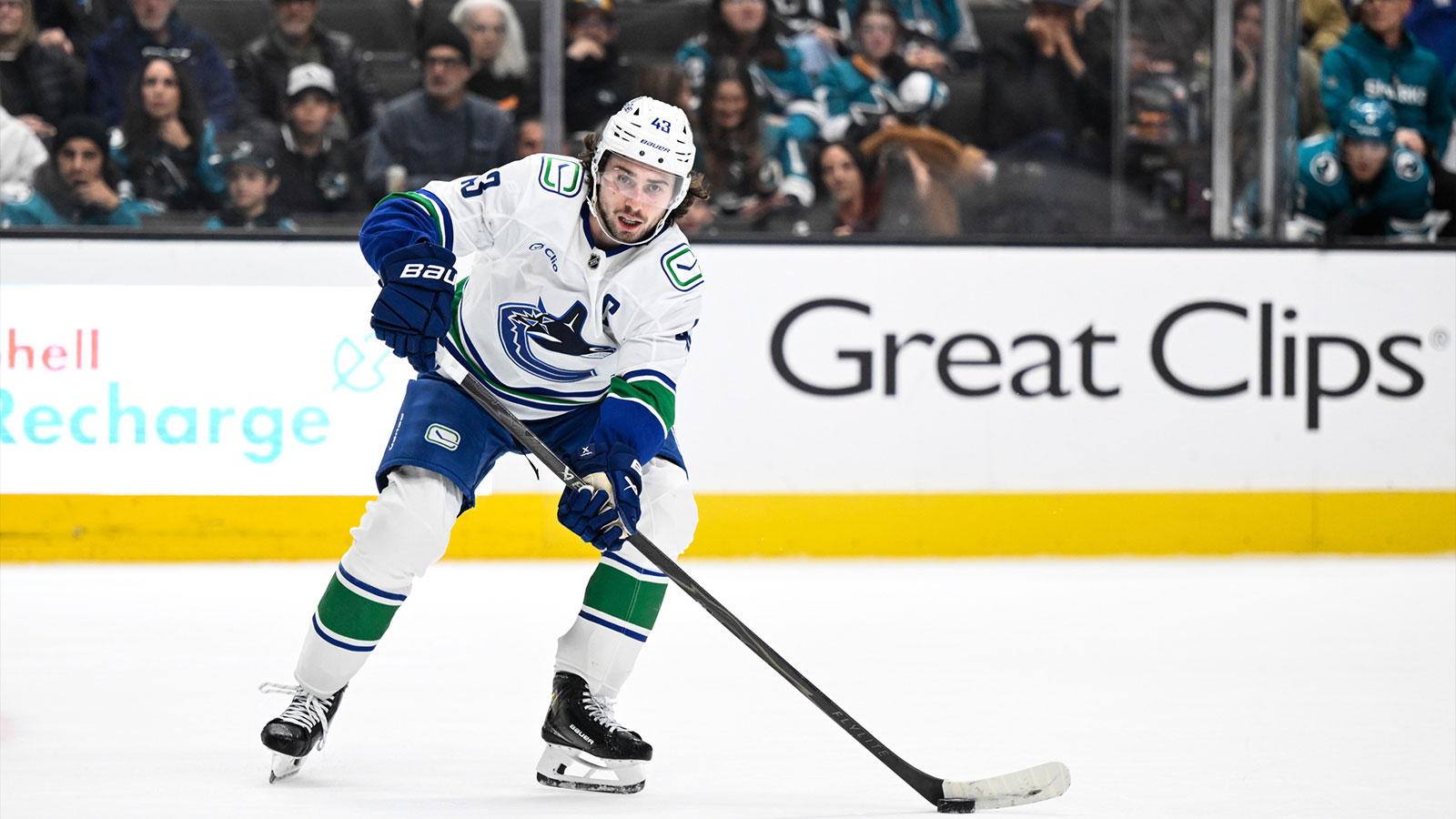 Vancouver Canucks defenseman Quinn Hughes (43) during a stop in play against the Winnipeg Jets in the second period at Rogers Arena.