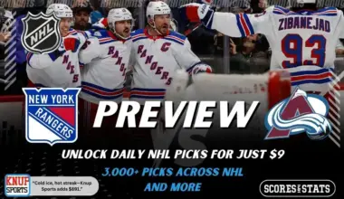 New York Rangers and Colorado Avalanche shown in NHL preview graphic ahead of their upcoming matchup.