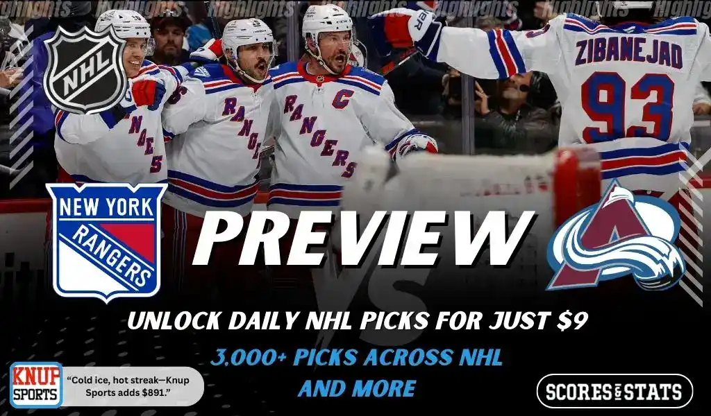 New York Rangers and Colorado Avalanche shown in NHL preview graphic ahead of their upcoming matchup.