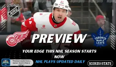 NHL preview graphic featuring Detroit Red Wings and Toronto Maple Leafs logos with a Red Wings player skating and the word preview across the center