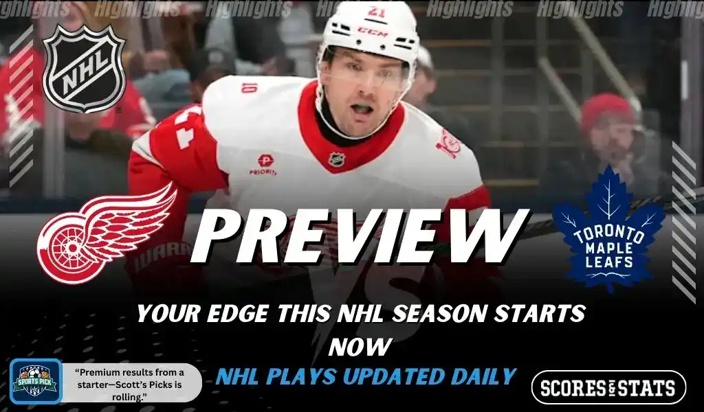 NHL preview graphic featuring Detroit Red Wings and Toronto Maple Leafs logos with a Red Wings player skating and the word preview across the center