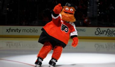 Flyers mascot Gritty before the Flyers played the Winnipeg Jets on Thursday, Oct. 16, 2025 in Philadelphia.