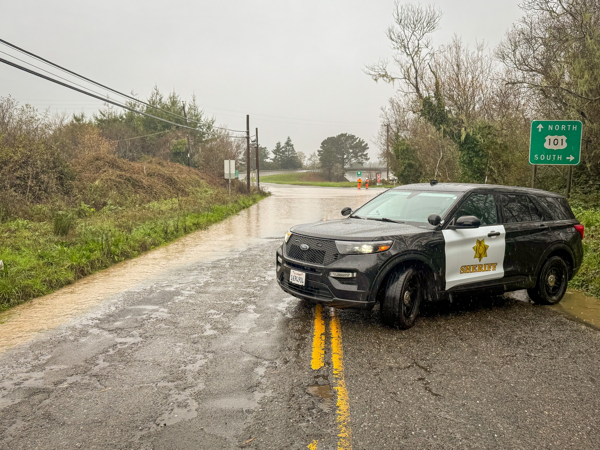 Flooding at the Hookton Road exit along U.S. Highway 101 last Friday prompted warnings to drivers to use caution Flooding in the area has persisted into Wednesday morning, when winds reaching up to 109 mph hit the coast, causing power outages for over 11,000 county residents. (HSCO/Contributed)