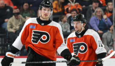 Travis Sanheim and Travis Konecny skating for the Philadelphia Flyers