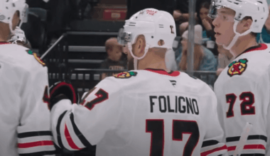 Nick Foligno #17 celebrates with his Chicago Blackhawks teammates.
