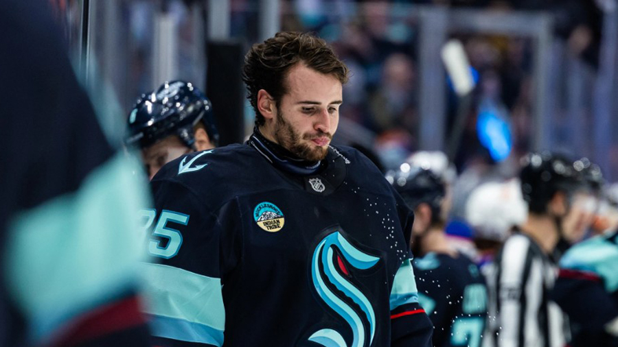 Seattle Kraken Joey Daccord spitting water 2025...