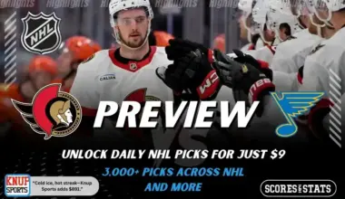 Ottawa Senators and St Louis Blues featured in NHL preview graphic ahead of their upcoming matchup.