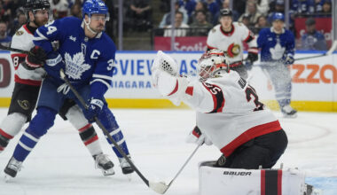 Ottawa Senators right wing Drake Batherson (19-left) and center Dylan Cozens (24-right) celebrate a goal scored by left wing Brady Tkachuk (7-center) in the first period against the Pittsburgh Penguins at the Canadian Tire Centre.