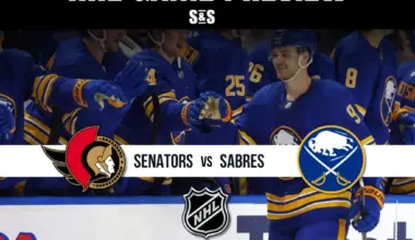 NHL Game Preview featuring a matchup between the Senators and Sabres, with players celebrating in team jerseys.