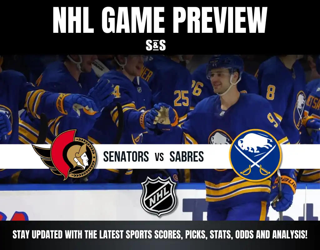 NHL Game Preview featuring a matchup between the Senators and Sabres, with players celebrating in team jerseys.
