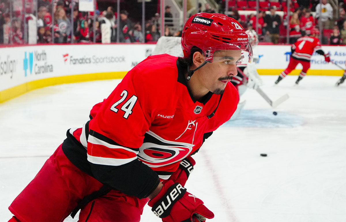 Carolina Hurricanes center Seth Jarvis (24) skates during the warmups before the game against the Utah Hockey Club at Lenovo Center.