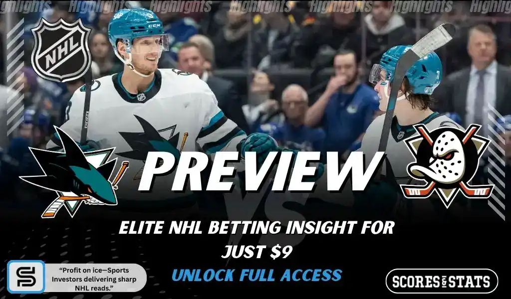NHL preview graphic featuring San Jose Sharks and Anaheim Ducks logos with Sharks players on the ice and the word preview across the center