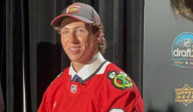 AJ Spellacy addresses the media after being drafted by the Chicago Blackhawks at the 2024 NHL Draft.