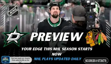 NHL preview graphic featuring Dallas Stars and Chicago Blackhawks logos with a Stars player being interviewed on the ice and the word preview across the center