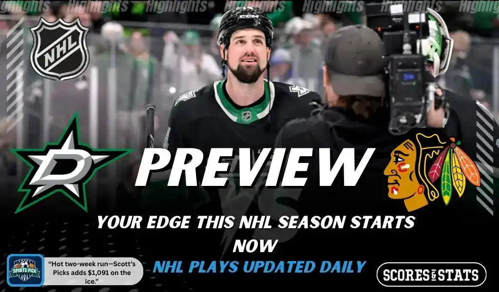 NHL preview graphic featuring Dallas Stars and Chicago Blackhawks logos with a Stars player being interviewed on the ice and the word preview across the center