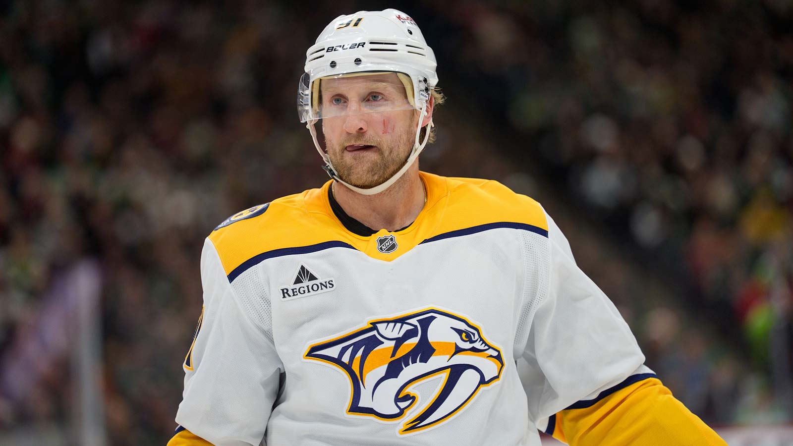 Nashville Predators center Steven Stamkos (91) skates to the bench after a stoppage in play against the Minnesota Wild in the first period at Grand Casino Arena.
