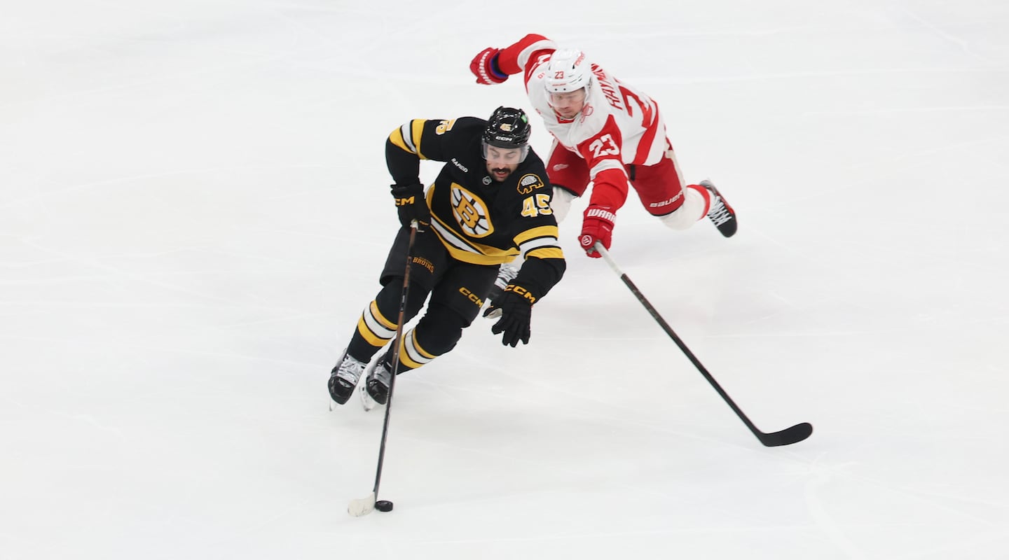 Bruins defenseman Jonathan Aspirot (No. 45) has emerged as a fixture in a battered defensive corps.