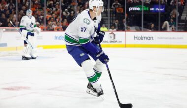 Vancouver Canucks defenseman Tyler Myers skates with the puck in the first period against the Flyers on Monday.
