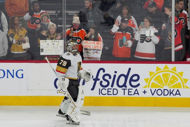 Vegas Golden Knights goaltender Carter Hart skates during warm ups before an NHL hockey game against the Philadelphia Flyers, Thursday, Dec. 11, 2025, in Philadelphia. (AP Photo/Derik Hamilton)