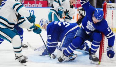 Maple Leafs blow late lead, lose to Sharks in OT after review