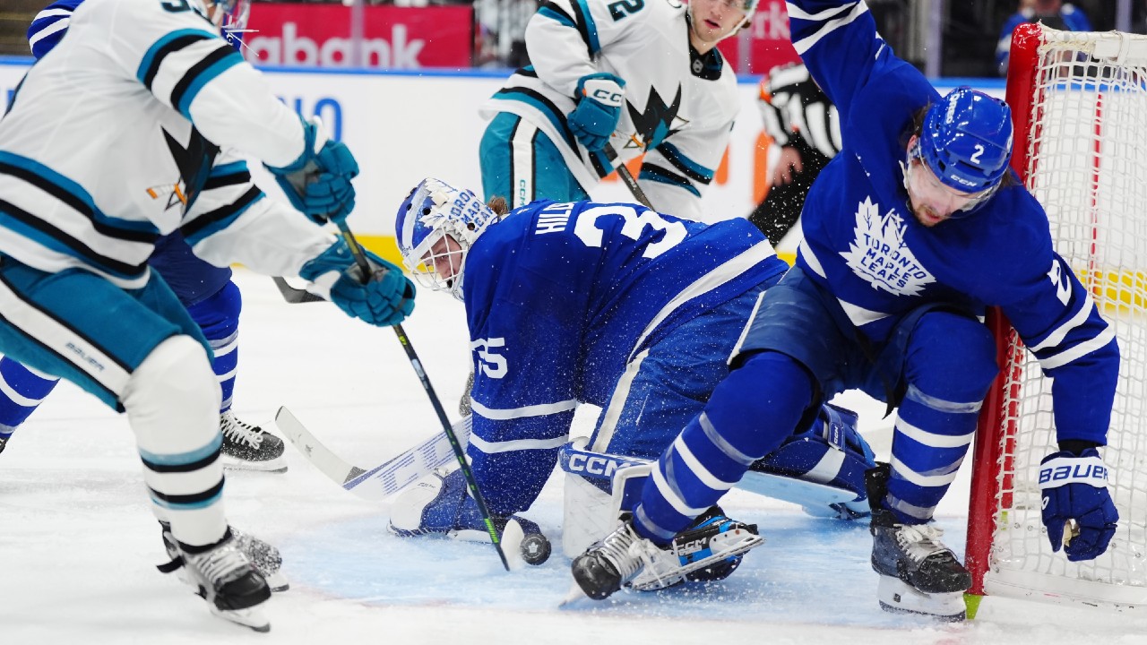 Maple Leafs blow late lead, lose to Sharks in OT after review