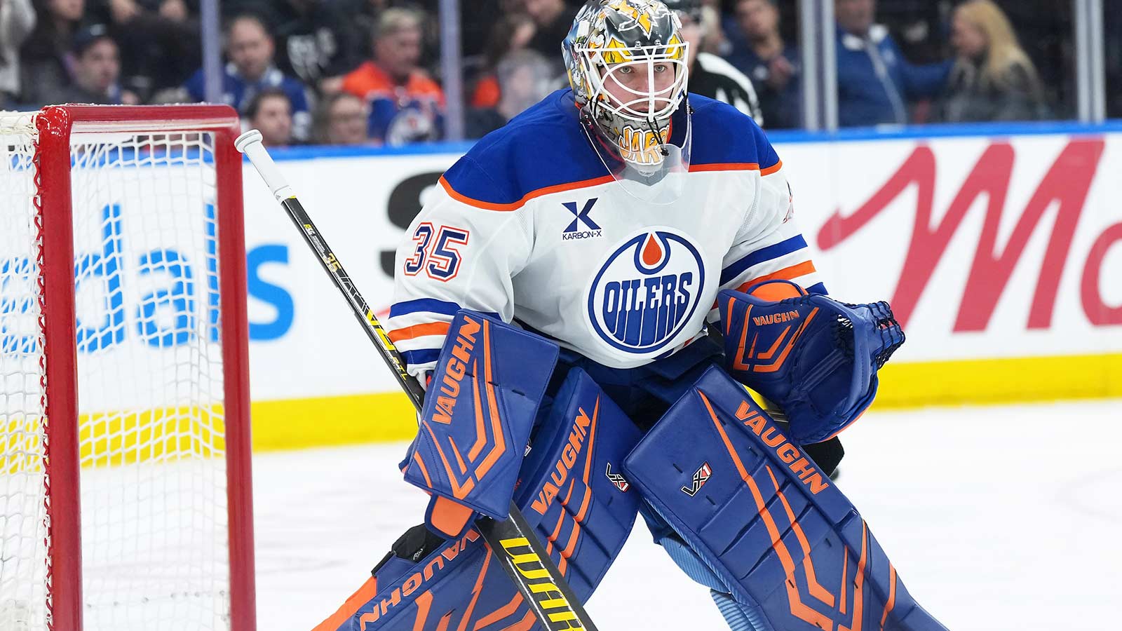 Edmonton Oilers goaltender Tristan Jarry (35) follows the play against the Toronto Maple Leafs during the third period at Scotiabank Arena.