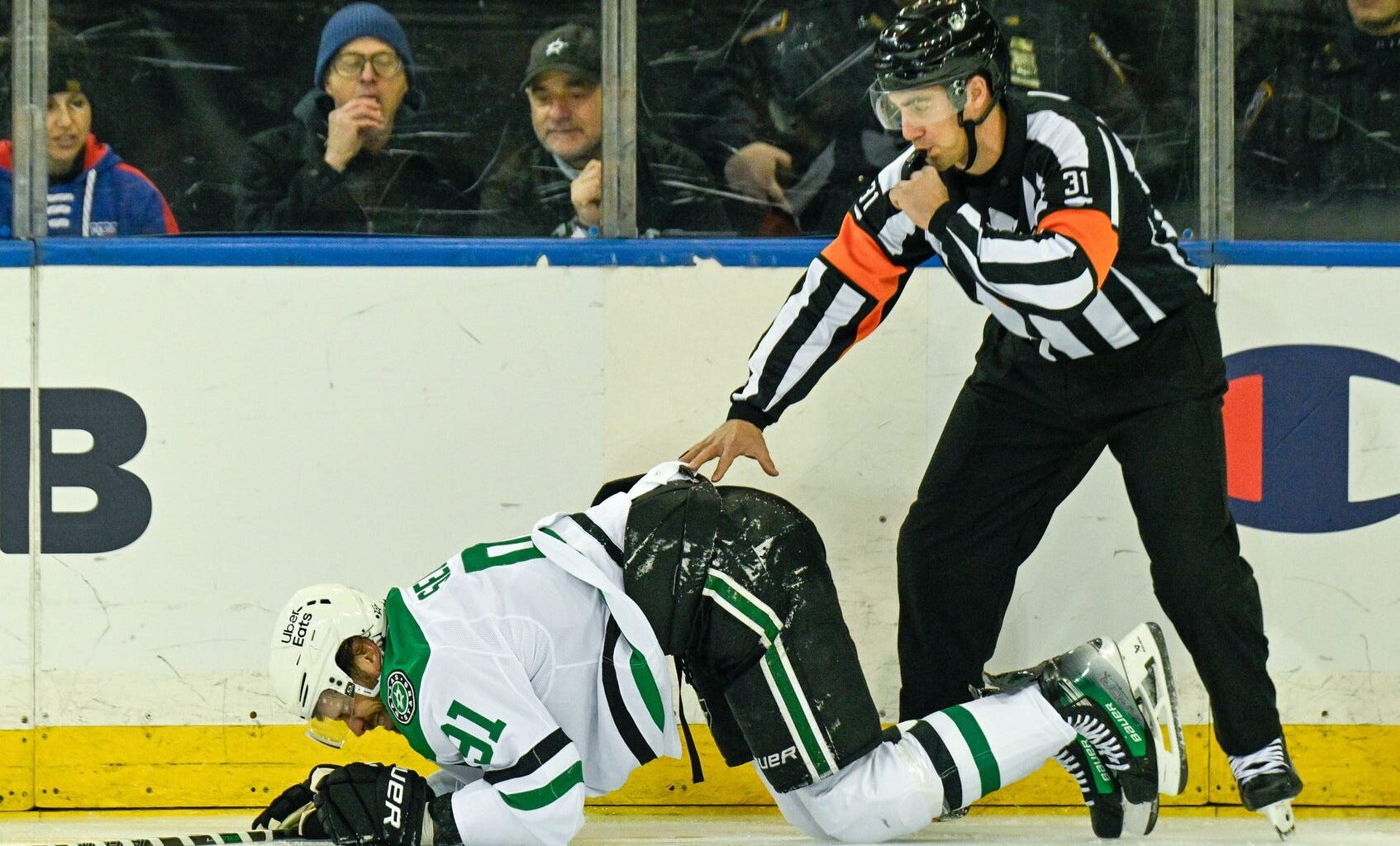 Dec 2, 2025; New York, New York, USA; Dallas Stars center Tyler Seguin (91) injured in the game against the New York Rangers during the first period at Madison Square Garden.