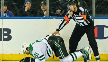 Dec 2, 2025; New York, New York, USA; Dallas Stars center Tyler Seguin (91) injured in the game against the New York Rangers during the first period at Madison Square Garden.