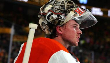 Philadelphia Flyers goaltender Carter Hart (79) awaits a face off against the Vegas Golden Knights during the second period at T-Mobile Arena.