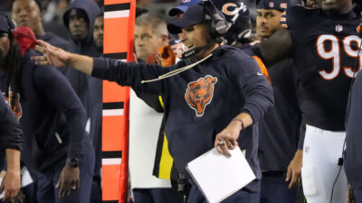 Sep 8, 2025; Chicago, Illinois, USA; Chicago Bears head coach Ben Johnson reacts during the second half at Soldier Field.