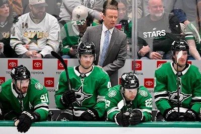 Dallas Stars Head Coach Glen Gulutzan looks on during 2025 game.