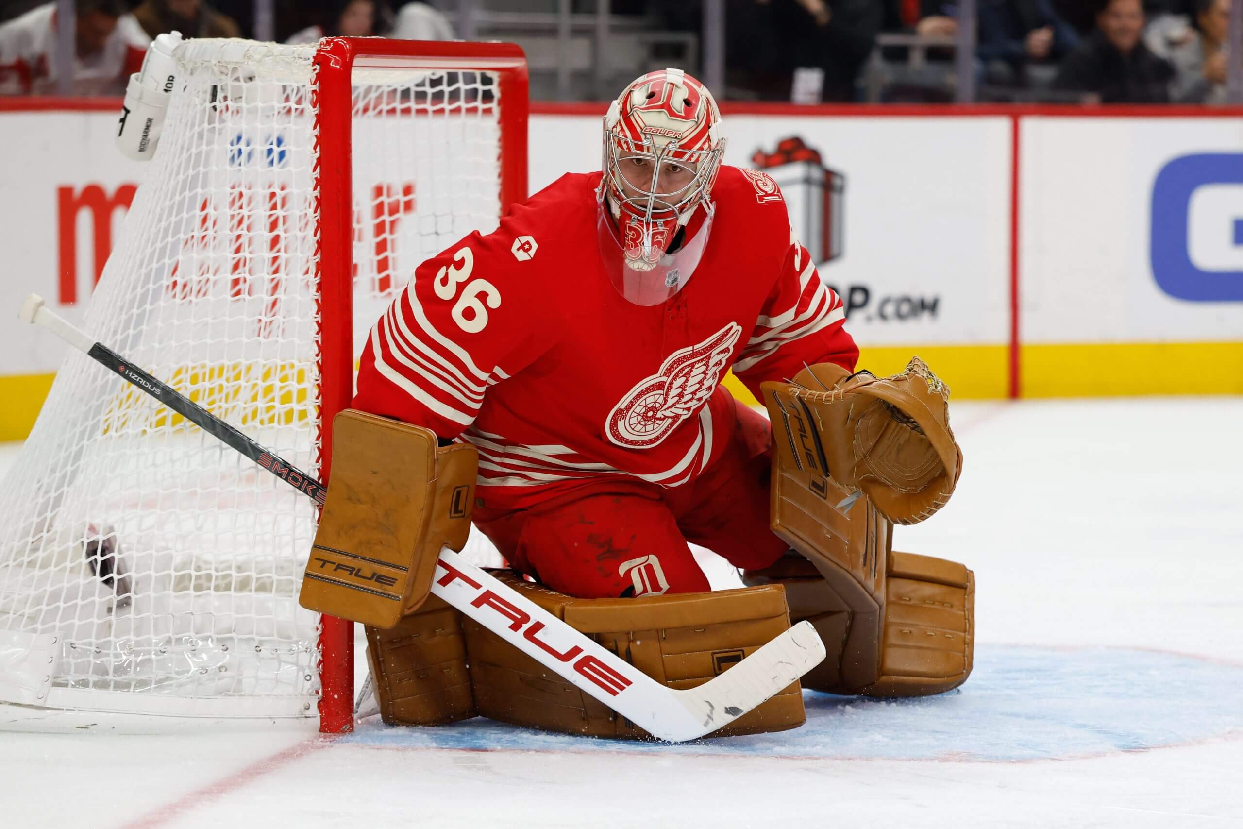 John Gibson guards the side of the net during a Red Wings game.