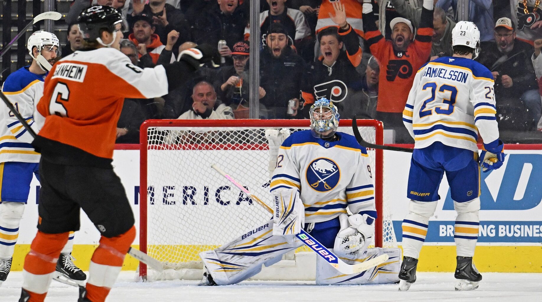 Dec 3, 2025; Philadelphia, Pennsylvania, USA; Buffalo Sabres goaltender Colten Ellis (92) reacts after allowing goal during the first period against the Philadelphia Flyers at Xfinity Mobile Arena.