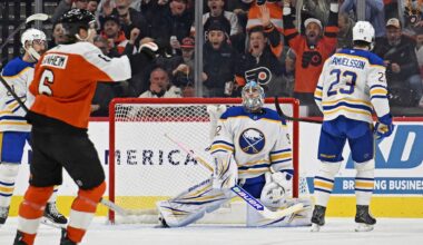 Dec 3, 2025; Philadelphia, Pennsylvania, USA; Buffalo Sabres goaltender Colten Ellis (92) reacts after allowing goal during the first period against the Philadelphia Flyers at Xfinity Mobile Arena.