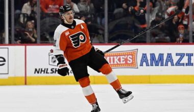 Dec 3, 2025; Philadelphia, Pennsylvania, USA; Philadelphia Flyers right wing Travis Konecny (11) celebrates his goal against the Buffalo Sabres during the first period at Xfinity Mobile Arena.
