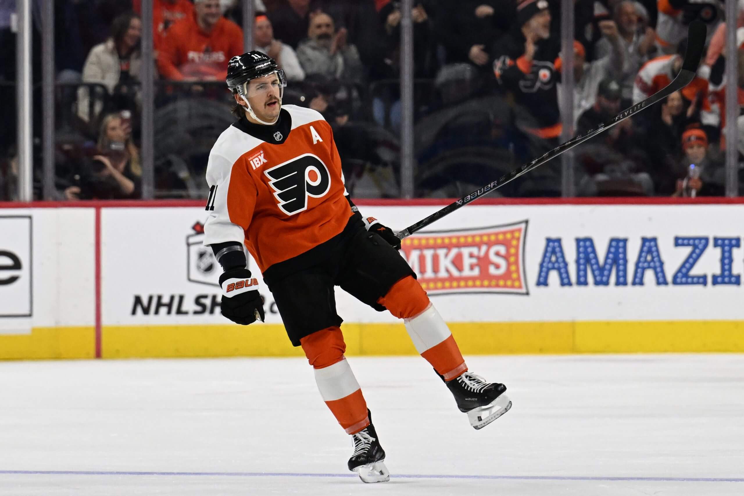 Travis Konecny celebrates his goal in the first period. 