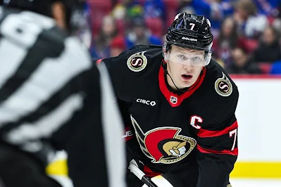 Ottawa Senators captain Brady Tkachuk reacts during 2025 game.