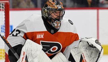 Dec 3, 2025; Philadelphia, Pennsylvania, USA; Philadelphia Flyers goaltender Samuel Ersson (33) against the Buffalo Sabres at Xfinity Mobile Arena.