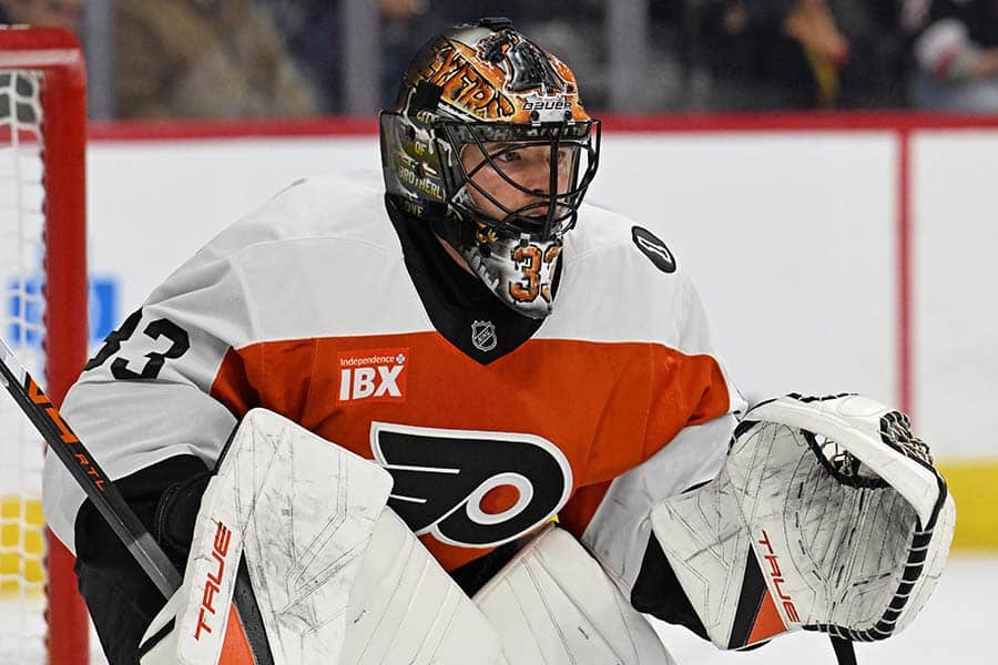 Dec 3, 2025; Philadelphia, Pennsylvania, USA; Philadelphia Flyers goaltender Samuel Ersson (33) against the Buffalo Sabres at Xfinity Mobile Arena.
