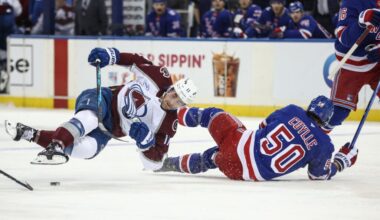 Colorado Avalanche center Brock Nelson (11) collides with New York Rangers left wing Will Cuylle (50) in the first period at Madison Square Garden. Mandatory Credit: Wendell Cruz-Imagn Images
