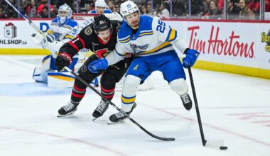 Blues’ Jordan Kyrou leaves game against Senators