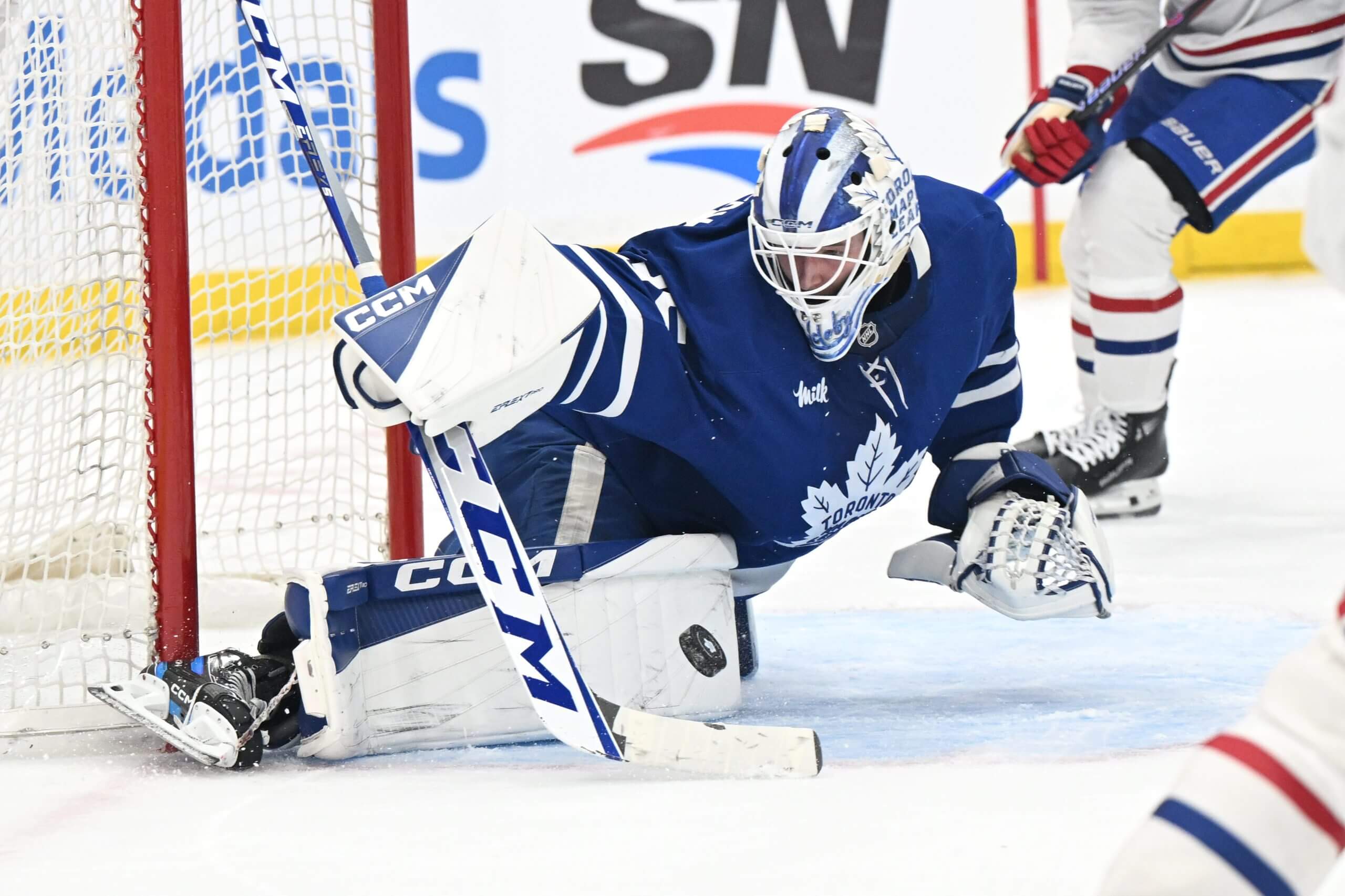 Dennis Hildeby lunges to make a save against the Montreal Canadiens.