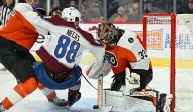 Dec 7, 2025; Philadelphia, Pennsylvania, USA; Philadelphia Flyers goaltender Samuel Ersson (33) makes a save as Colorado Avalanche center Martin Necas (88) and Philadelphia Flyers defenseman Travis Sanheim (6) collide during the second period at Xfinity Mobile Arena.