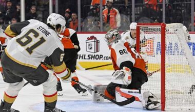 Dec 11, 2025; Philadelphia, Pennsylvania, USA; Vegas Golden Knights right wing Mark Stone (61) scores the game winning goal against the Philadelphia Flyers during the overtime period at Xfinity Mobile Arena.