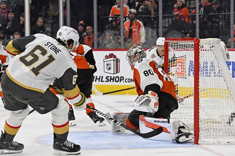 Dec 11, 2025; Philadelphia, Pennsylvania, USA; Vegas Golden Knights right wing Mark Stone (61) scores the game winning goal against the Philadelphia Flyers during the overtime period at Xfinity Mobile Arena.