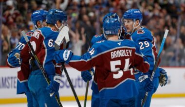 Colorado Avalanche center Nathan MacKinnon (29) celebrates his goal with center Gavin Brindley (54) and left wing Artturi Lehkonen (62) and defenseman Sam Malinski (70) and defenseman Samuel Girard (49) in the second period against the Florida Panthers at Ball Arena. Mandatory Credit: Isaiah J. Downing-Imagn Images