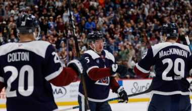 Colorado Avalanche left wing Victor Olofsson (95) celebrates his goal with center Nathan MacKinnon (29) and right wing Ross Colton (20) in the second period against the Nashville Predators at Ball Arena. Mandatory Credit: Isaiah J. Downing-Imagn Images