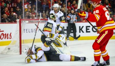 Flames overwhelm Vegas early, hold on for win
