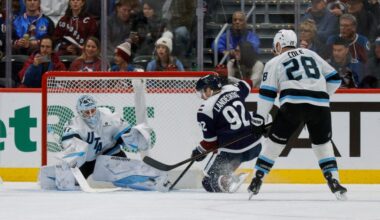 Colorado Avalanche (Avs) left wing Gabriel Landeskog (92) attempts to knock in a rebound against Utah Mammoth goaltender Vitek Vanecek (41) as defenseman Ian Cole (28) defends in the first period at Ball Arena. Mandatory Credit: Isaiah J. Downing-Imagn Images
